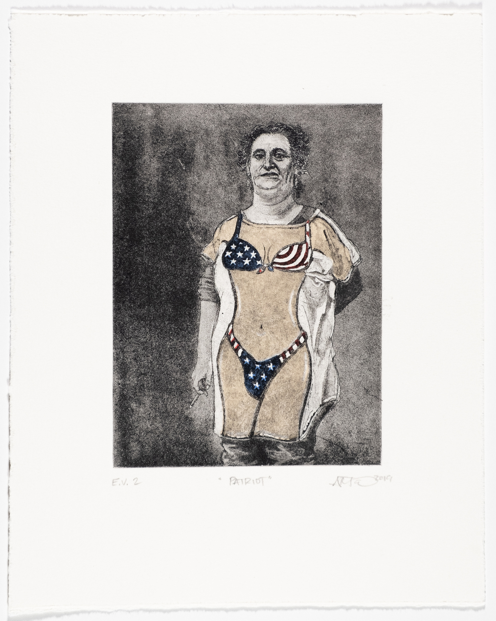 An average white woman wearing a patriotic bikini novelty t-shirt.