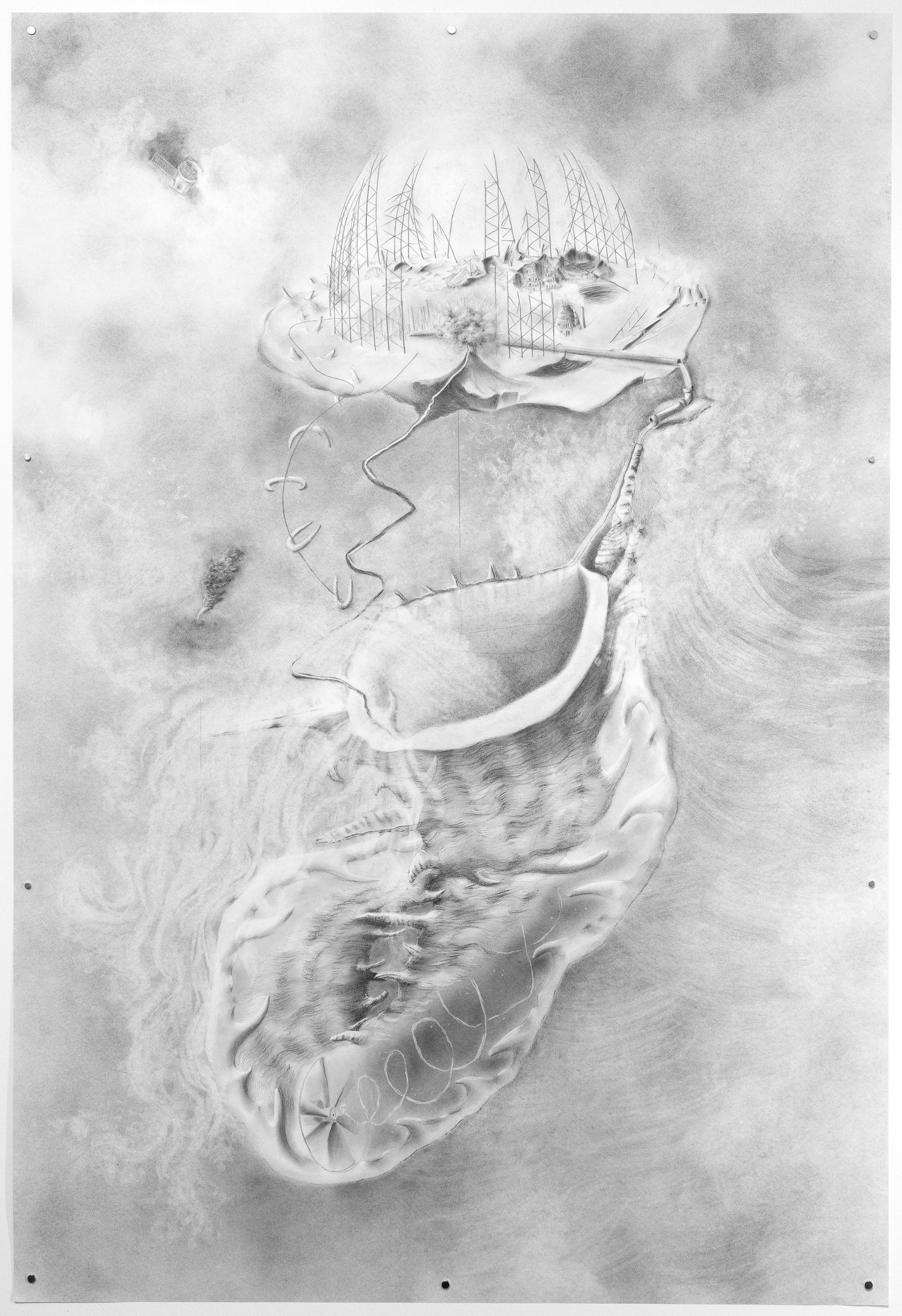 A black and white drawing of a mythical place.
