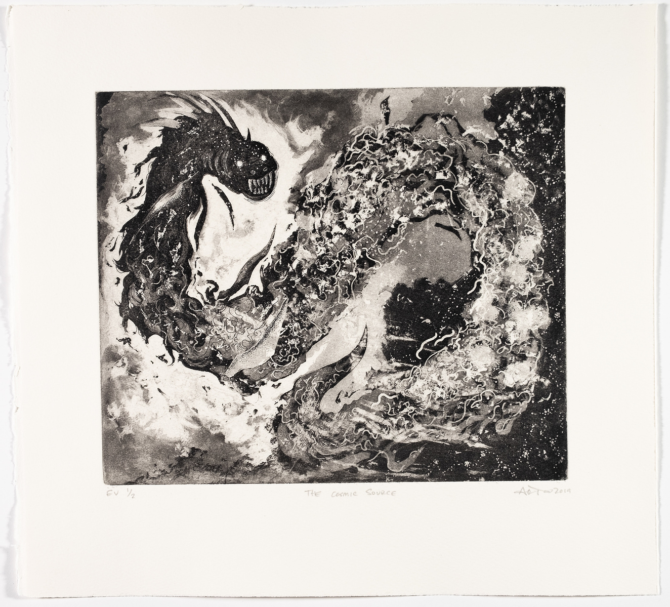 A serpentine cosmic leviathan, swirling into an infinity symbol and baring its teeth.