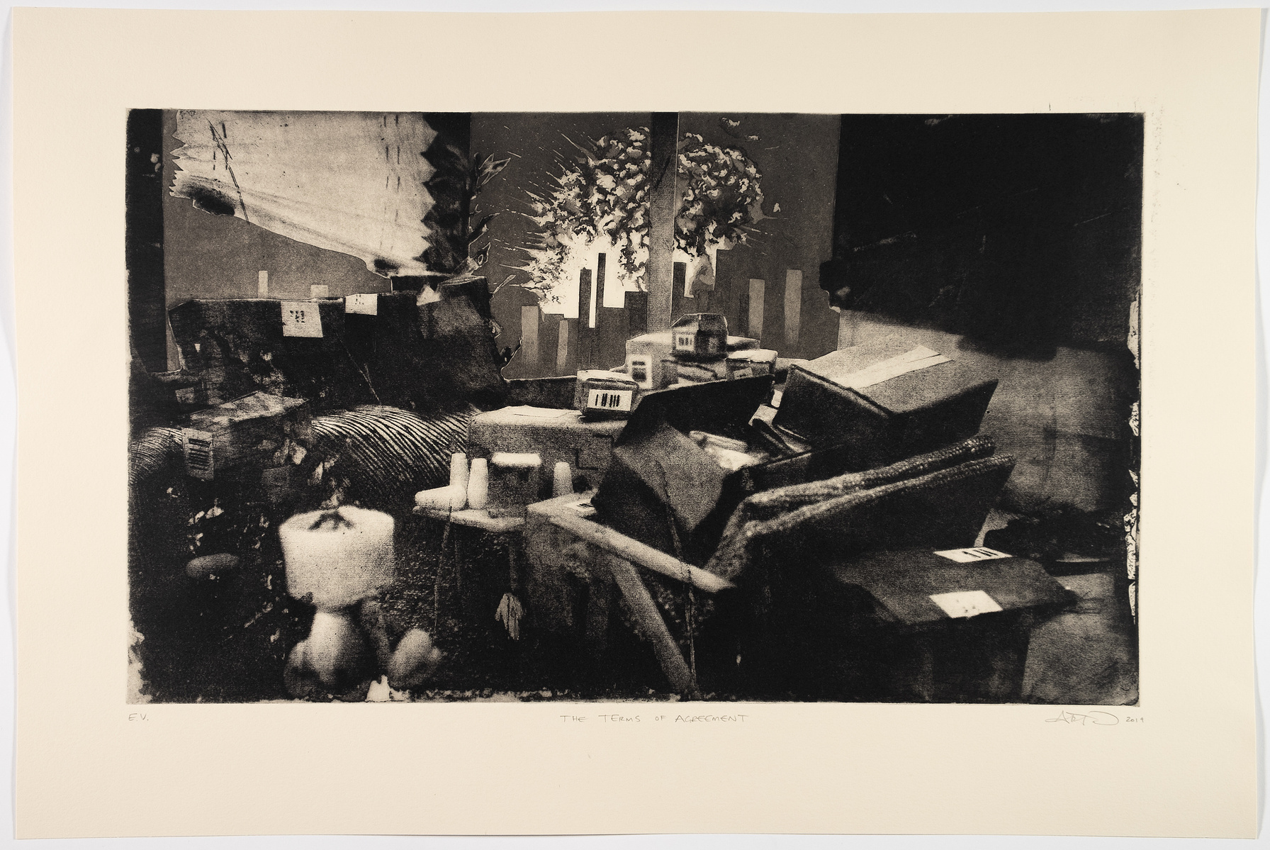 A living room full of cardboard boxes and the view of an explosion outside the window