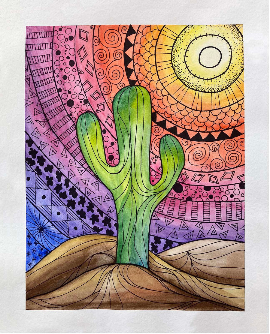 Zentangle  watercolor cactus kids art class