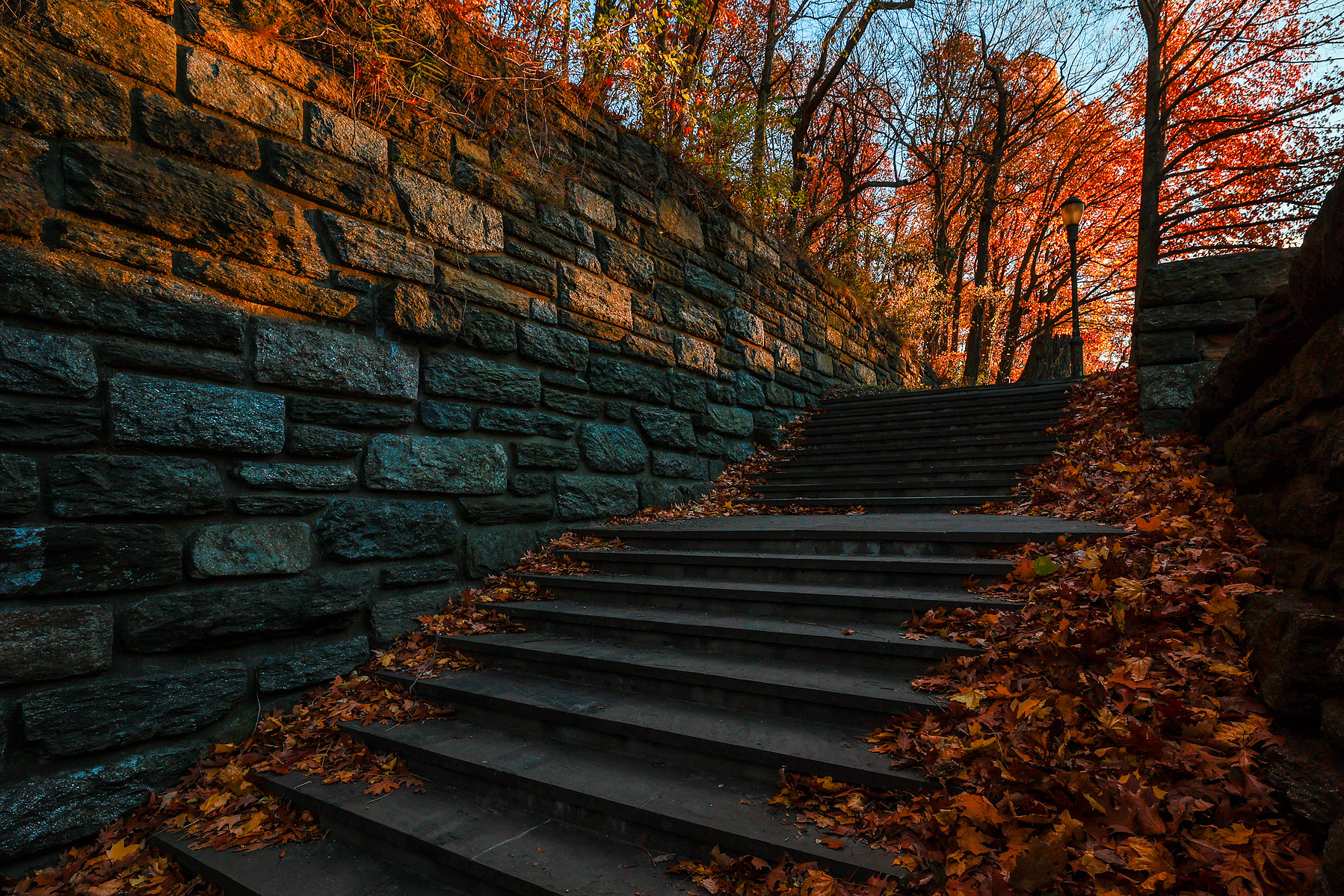 Autumn leaves line a stone stairway in New York City's Inwood Hill Park.