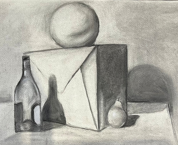 Still life drawing in pencil, charcoal, of a shipping box, ball, and bottle.