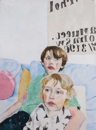 Commissioned painted portrait of children. Two siblings embracing. Delicate, rosy features. Large Text poster in background Acrylic paint on canvas. Painting made at Ebor Studio in Littleborough by Northern artist Mary Naylor. Using a soft pastel palette.