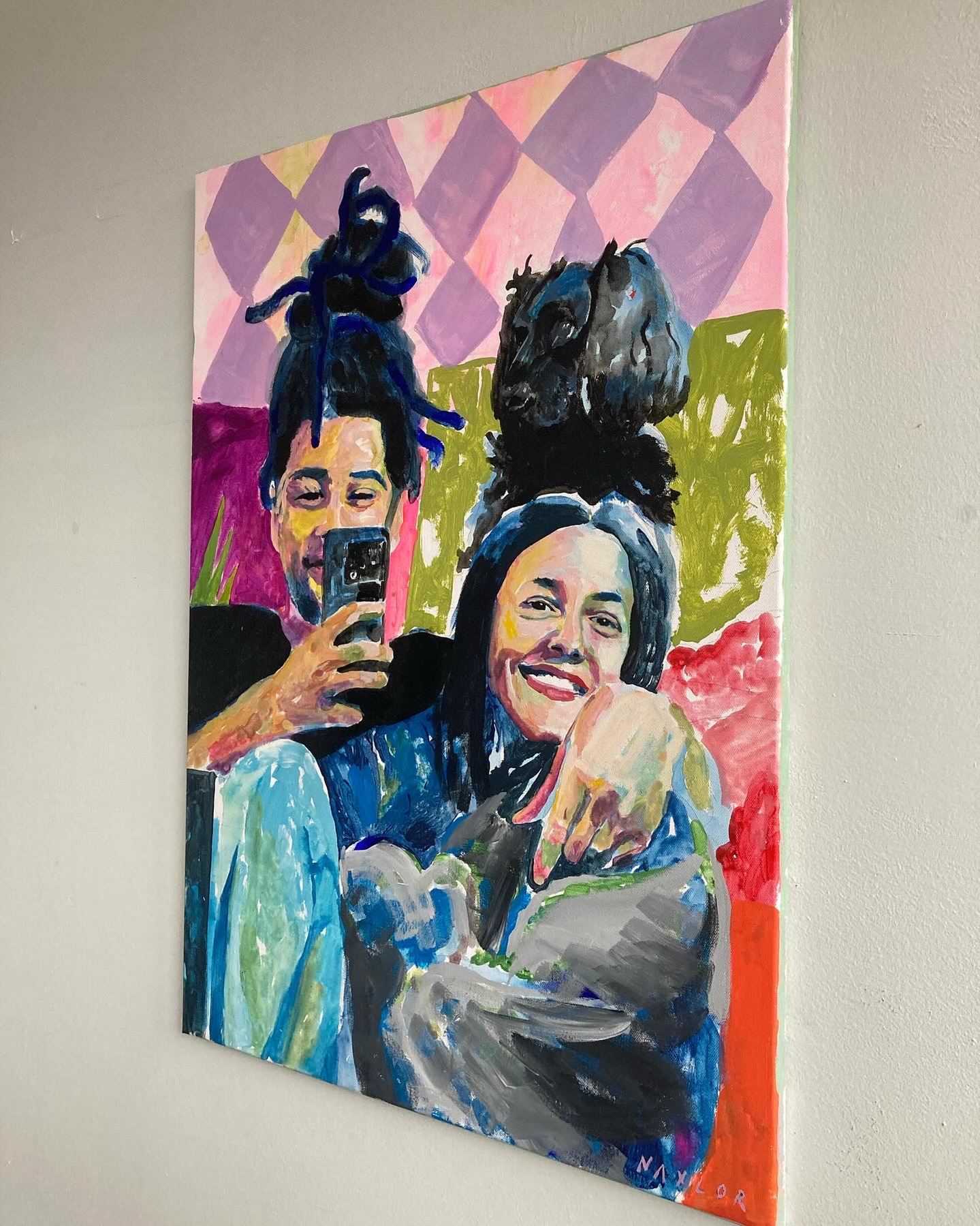 Colourful Painted portrait by Artist Mary Naylor of a couple smiling for a selfie in the mirror with their dog.