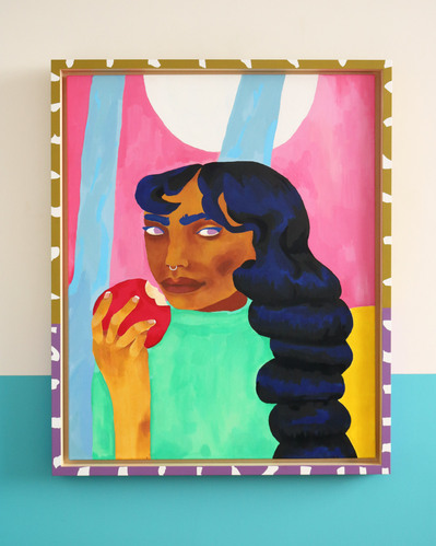 Large framed acrylic painted portrait of woman with long hair eating and apple in the moonlight by some trees. Created by northern artist Mary Naylor for an exhibition with the gift shop Oklahoma Manchester in the Northern Quarter.