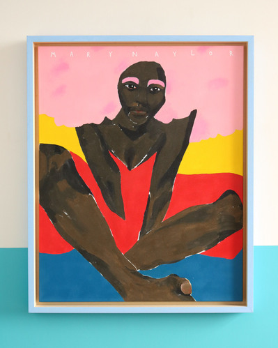 Large Framed Acrylic painting of a woman sat on the beach by the water in a red dress and a pink Afro. Created by Northern artist Mary Naylor exhibited in 2021 in Oklahoma Mcr . Colour palette inspired by Paul Gaugin  and the Colombian and Venezuelan flag