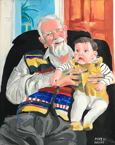 A happy grandad holding a new baby grandchild. He is sat in an armchair wearing a knitted waistcoat and a big white beard. 
Painting commission made Salford by artist Mary Naylor. Acrylic on canvas.