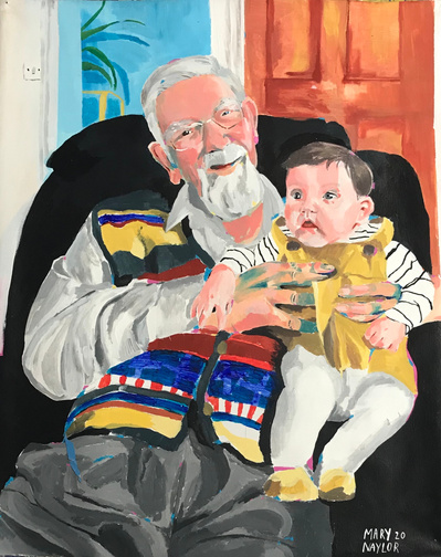 A happy grandad holding a new baby grandchild. He is sat in an armchair wearing a knitted waistcoat and a big white beard. 
Painting commission made Salford by artist Mary Naylor. Acrylic on canvas.