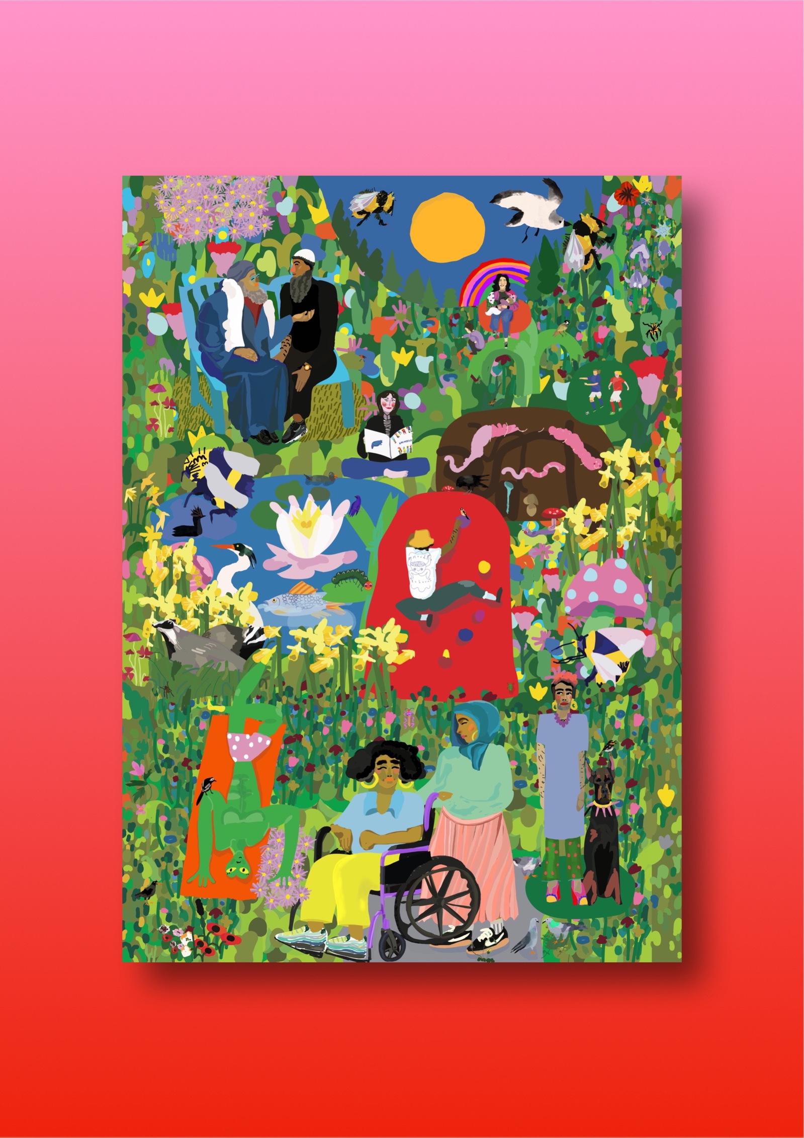 Transgender, Wheelchair-user, Alien, Yoga, Bee, Climbing wall, Sunshine, Rainbow Child, Father, Doberman, Mushroom, Poppy, Headscarf, Sunshine, Dafadill, Spring, Park, Grass, Green-Space, Badgers, Fish, Catapillar, Beetle, Worm, Soil, Bird, Footballers