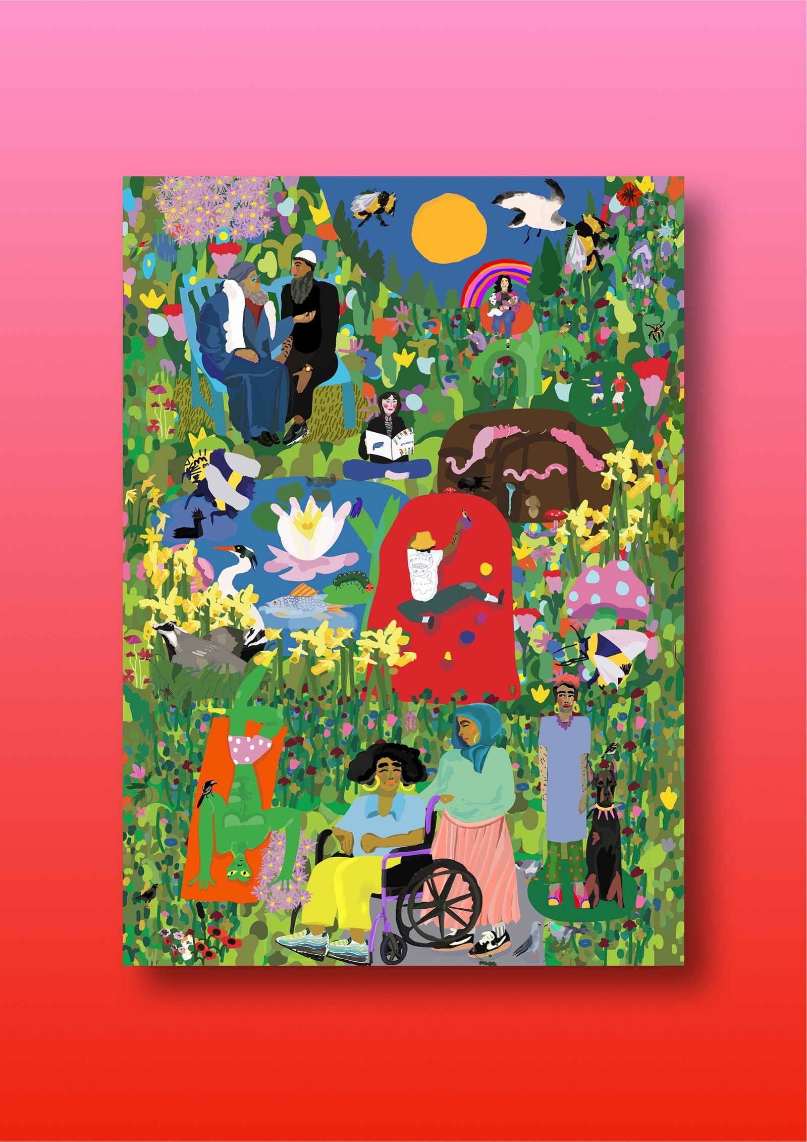 Transgender, Wheelchair-user, Alien, Yoga, Bee, Climbing wall, Sunshine, Rainbow Child, Father, Doberman, Mushroom, Poppy, Headscarf, Sunshine, Dafadill, Spring, Park, Grass, Green-Space, Badgers, Fish, Catapillar, Beetle, Worm, Soil, Bird, Footballers
