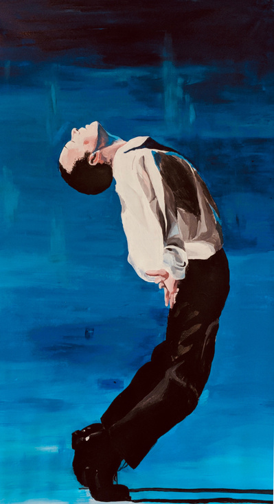 Beautiful Male dancer in white shirt, black trousers and big shiny black boots. With dramatic blue background, strong lighting a long shadow. Painting  in Salford by Northern Artist Mary Naylor.