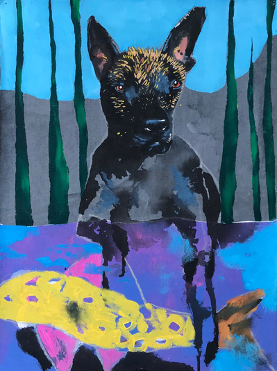 A black and blue Xoloitzcuintle (Mexican hairless dog) sat by the river catching a yellow fish. behind you can see grey mountains and long green reeds. 
A painting commission, acrylic paint on canvas. Made in Salford by northern artist Mary Naylor.