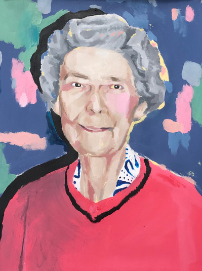 Painting portrait of elderly grandma in pink jumper. Acrylic paint on canvas. Made in Salford by Northern artist Mary Naylor.