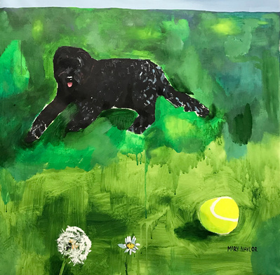 Happy black dog lying on green grass in summer with his tongue out. Tennis ball, dandelion and Daisy with shadow. Animal portrait painting. Painted in Salford by northern artist Mary Naylor. Acrylic paint on canvas.