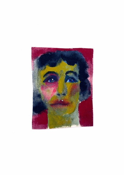 A small acrylic painted portrait on canvas Made by artist Mary Naylor. Created during her Mothership NewYork City Residency. The painting is red and yellow.