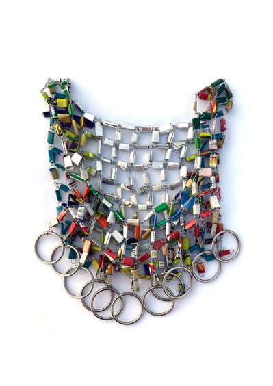  Handmade body chain made from recycled plastic, curtain rail hoops and paper clips. Created by multi disciplinary artist Mary Naylor during her MothershipNYC residency in Brooklyn, New York  City 2023