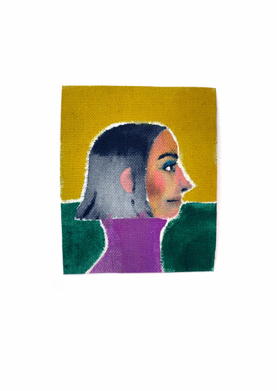 A small acrylic painted portrait on canvas Made by artist Mary Naylor. Created during her Mothership NewYork City Residency. The painting yellow and purple. 