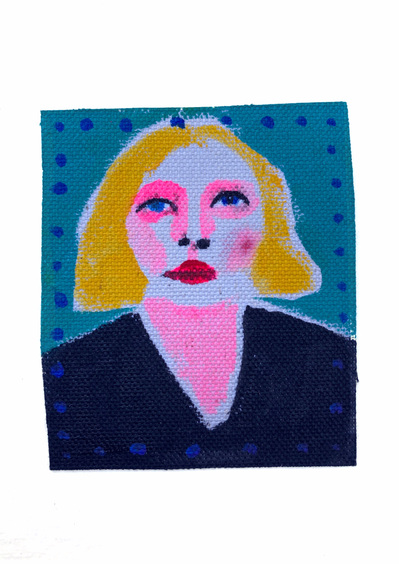 A small acrylic painted portrait on canvas Made by artist Mary Naylor. Created during her Mothership NewYork City Residency. The painting is pink, blue, yellow and black.