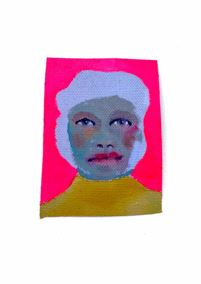 A small acrylic painted portrait on canvas Made by artist Mary Naylor. Created during her Mothership NewYork City Residency. The painting is pink, white and yellow.