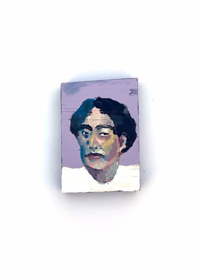 A small acrylic painted portrait on found wood. Created by multidisciplinary artist Mary Naylor. Created during her MothershipNYC residency in Brooklyn, New York City.