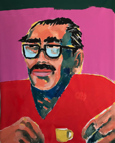 Painted portrait of Chilean man sat drinking a tiny cup of coffee, wearing a red shirt and glasses. Acrylic paint on canvas. Commission painting made in Salford by northern Artist Mary Naylor.