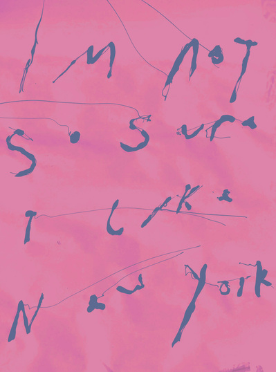 I’m not so sure about New York, Blue handwriting typography on a pink paper background. Design made artist Mary Naylor during her New York City residency with MothershipNYC in 2022 - 2023