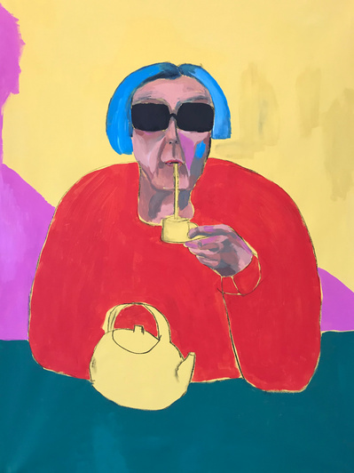 Retrato de abuelito , portrait of grandma drinking Yerba. She has blue hair and is wearing a red top and sunglasses. Chilien abuela. Large Acrylic painting on canvas made in Salford by Northern artist Mary Naylor.
