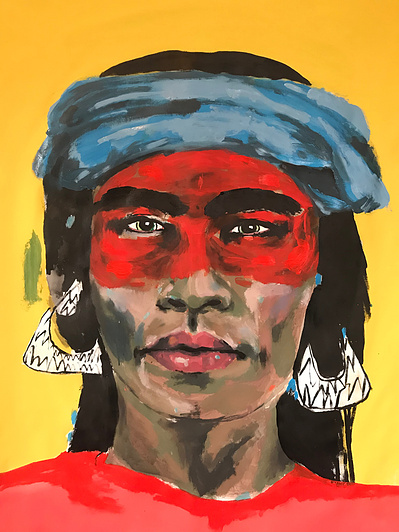 Portrait of South American Woman with red face paint, blue head scarf, and big earrings. Large acrylic painting on Canvas.
Painted commission made in Salford by Northern Artist Mary Naylor.