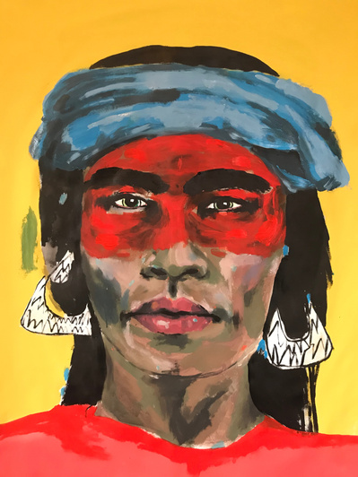 Portrait of South American Woman with red face paint, blue head scarf, and big earrings. Large acrylic painting on Canvas.
Painted commission made in Salford by Northern Artist Mary Naylor.