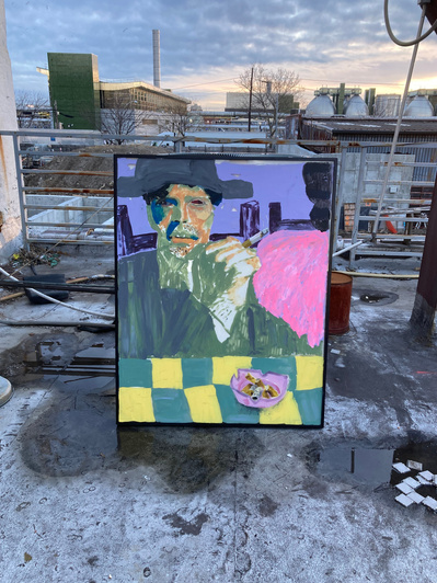 Large acrylic painted portrait made by Artist Mary Naylor during her New York City Residency in 2023. A man is smoking in a suit with a fedora hat. There is a table cloth that is yellow and green checked. 