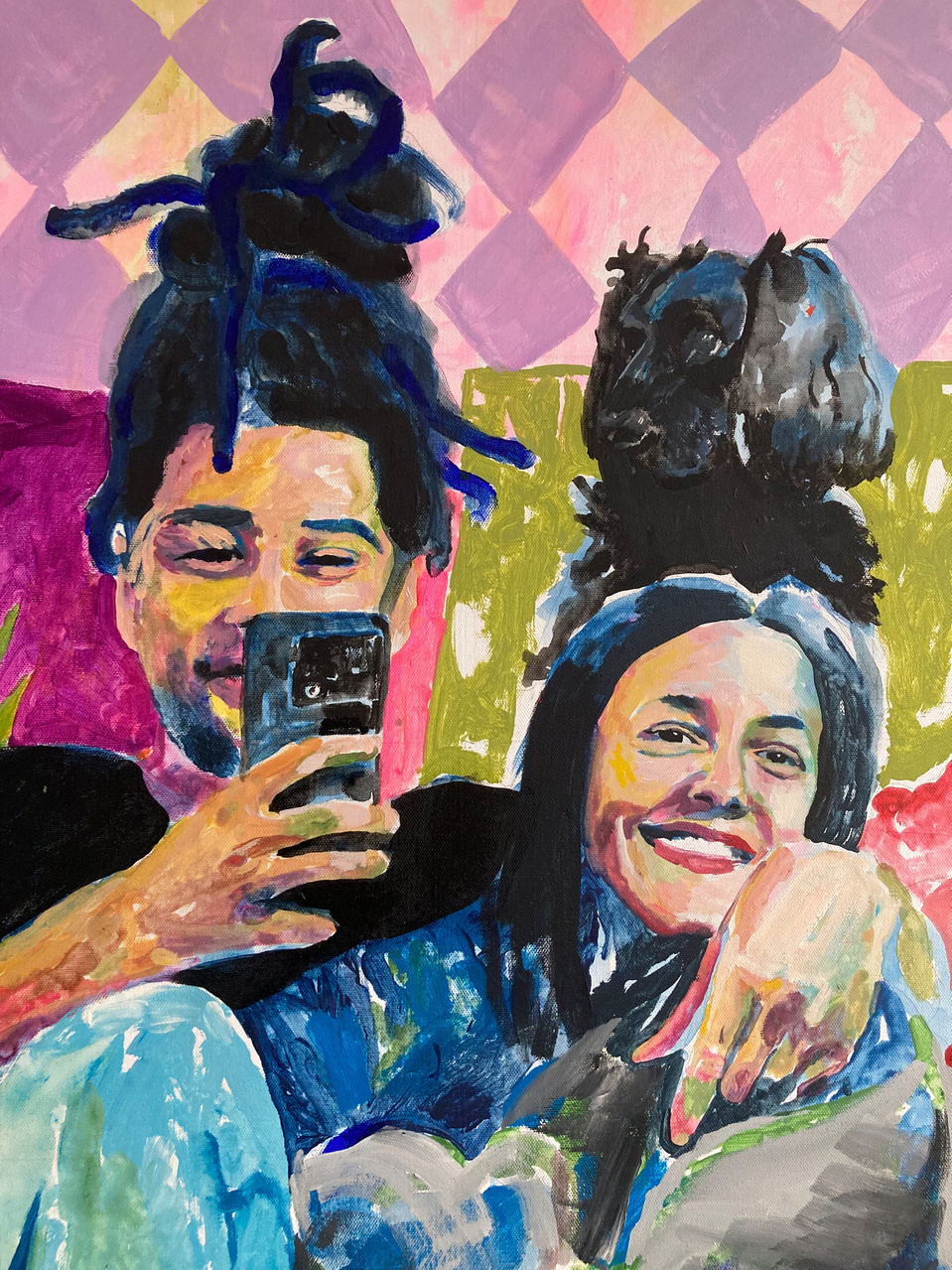 Colourful Painted portrait by Artist Mary Naylor of a couple smiling for a selfie in the mirror with their dog.