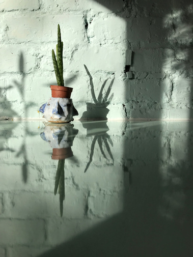 Small ceramic pot made by Mary Naylor is holding a small aloe Vera. It is blue and white and has with four connected faces around the perimeter each blending into the next. It sits on top of a glassy ice blue worktop in front of a blue painted brick wall.