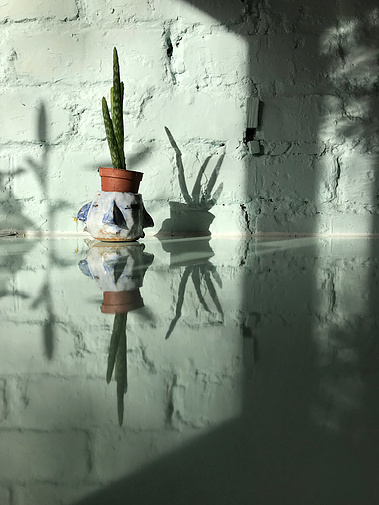 Small ceramic pot made by Mary Naylor is holding a small aloe Vera. It is blue and white and has with four connected faces around the perimeter each blending into the next. It sits on top of a glassy ice blue worktop in front of a blue painted brick wall.