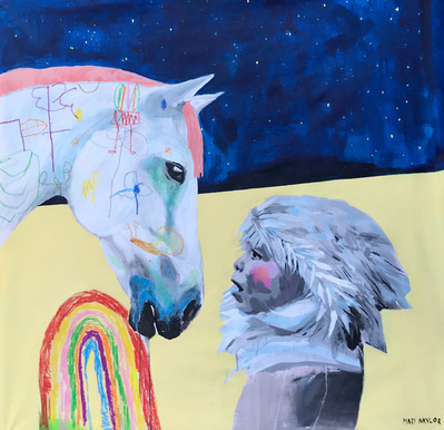 Girl talking with a magical white horse. A rainbow on the moon. Twinkling stars in the deep blue night sky. Adorned with pretty children’s drawings. Commission portrait made in Salford by Northern Artist Mary Naylor. Acrylic paint & wax crayon, canvas.