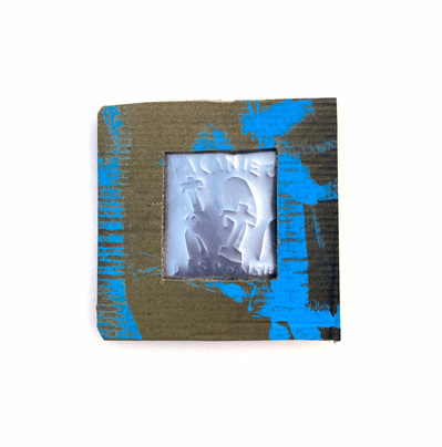 Aluminum etching of a graveyard framed in cardboard. Made by artist Mary Naylor. Created during her Mothership NewYork City Residency.