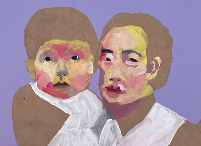 An acrylic painted portrait on found wood featuring a woman holding a child. Made by artist Mary Naylor. Created during her Mothership NewYork City Residency.