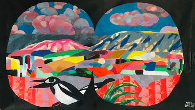 A Colourful landcape of the Todmorden hills viewed though and framed by a binoculars view point. Two Magpies sit in the foreground , while Pink clouds line the distance. Acrylic and oil on canvas. Made in Salford by Northern artist Mary Naylor.