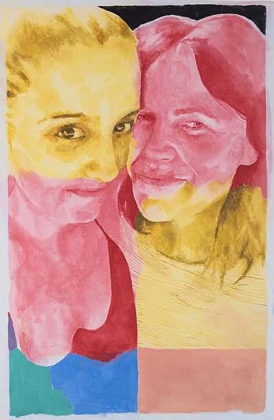 Commissioned portrait painting of two women. Colourful. Contemporary. Acrylic paint on canvas. Made at Ebor Studio in littleborough by Northern artist Mary Naylor. Unconventional family portraits.