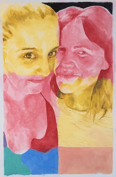 Commissioned portrait painting of two women. Colourful. Contemporary. Acrylic paint on canvas. Made at Ebor Studio in littleborough by Northern artist Mary Naylor. Unconventional family portraits.