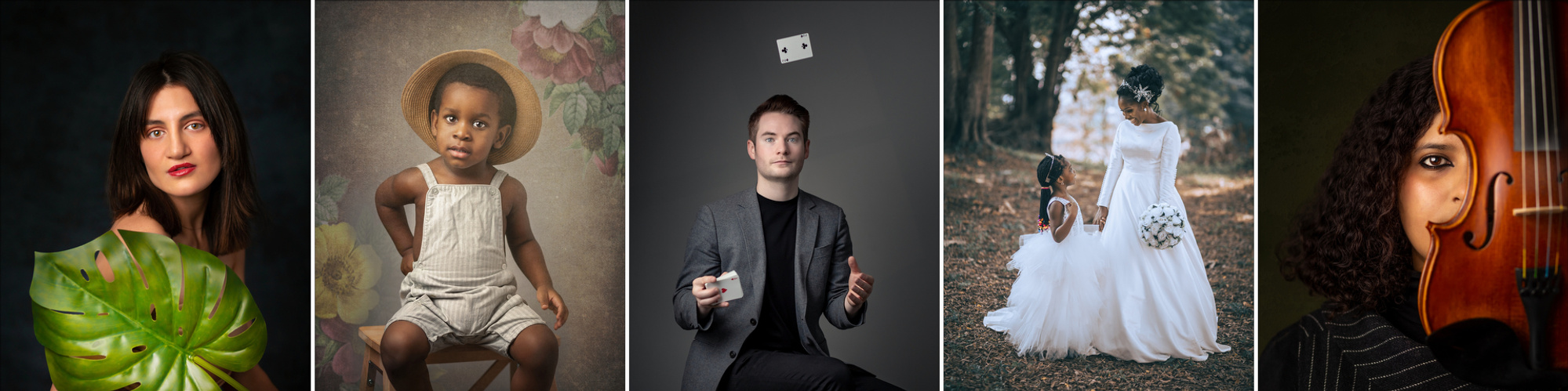 Collage of 5 images showing portraits, wedding, branding and headshot photography services