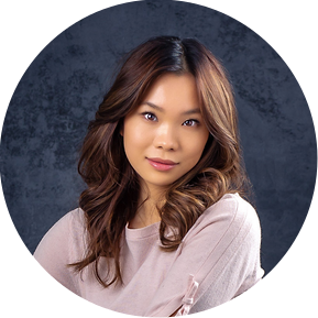 Glamour portrait photos of a Chinese lady with beautiful curls wearing a pink outfit