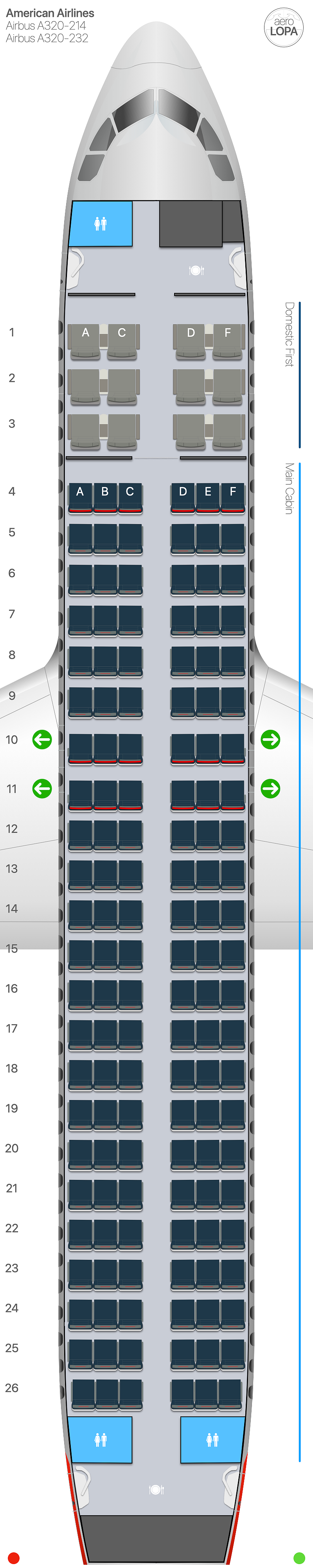 AA Airbus A320 seat plan - AeroLOPA | Detailed aircraft seat