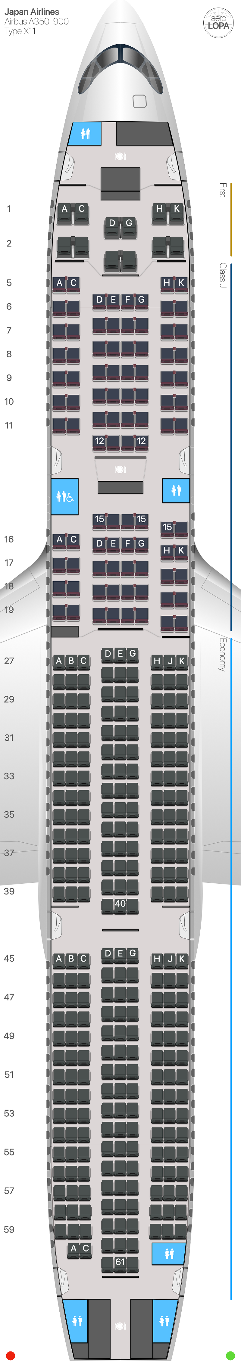 JL Airbus A350-900 type X11 - AeroLOPA | Detailed aircraft seat plans