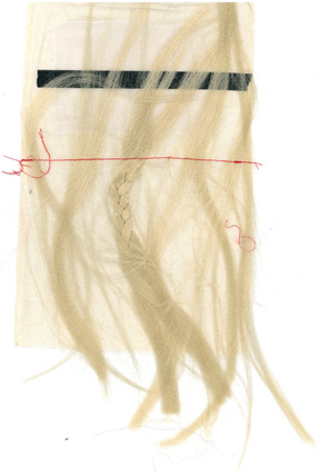 Blonde hair sewn with red thread on muslin.