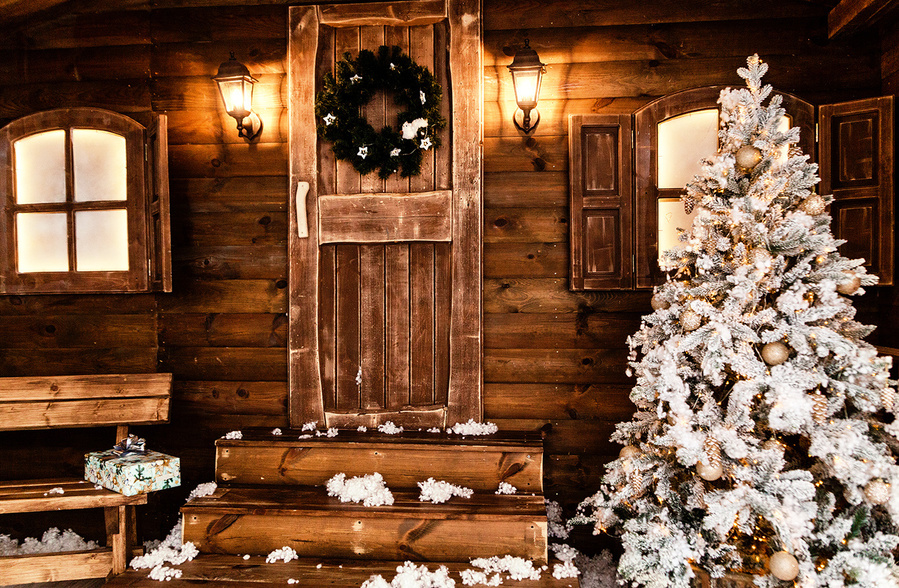 Seasonal card for the family. Family portrait using this festive warm composite. I take your portrait in my studio and then composite your family portrait onto this xmas decorated wooden chalet Christmas winter wonderland image