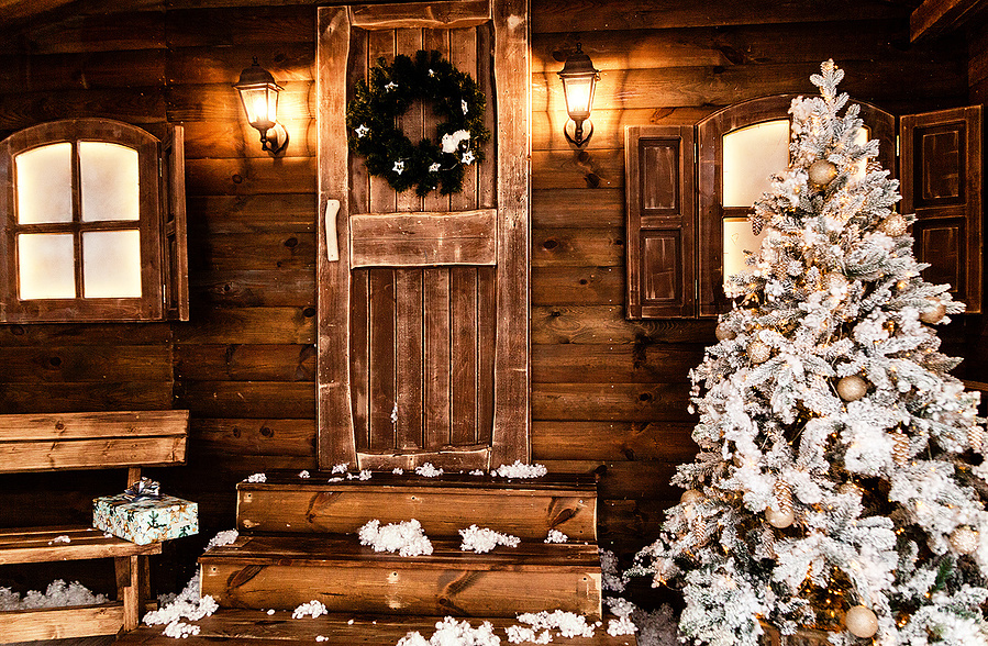 Seasonal card for the family. Family portrait using this festive warm composite. I take your portrait in my studio and then composite your family portrait onto this xmas decorated wooden chalet Christmas winter wonderland image
