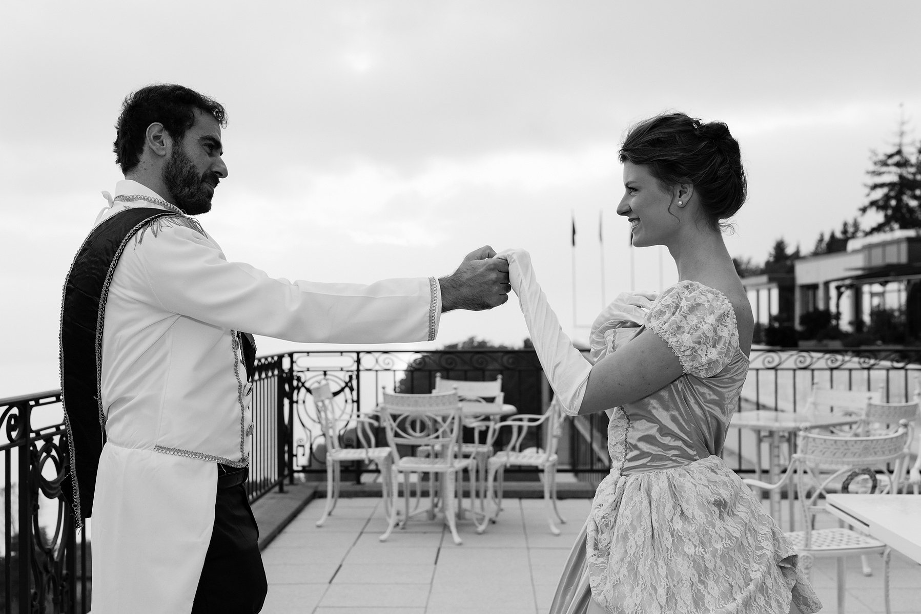 Engagement photos showing the couple dressed up.