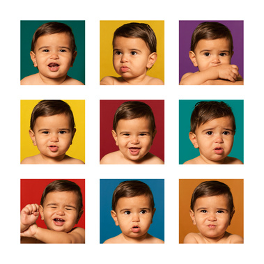 12 months or One year old baby portraits created for a client who wanted Andy Warhol inspired, different colored backgrounds for a variety of expressions for her third baby boy.