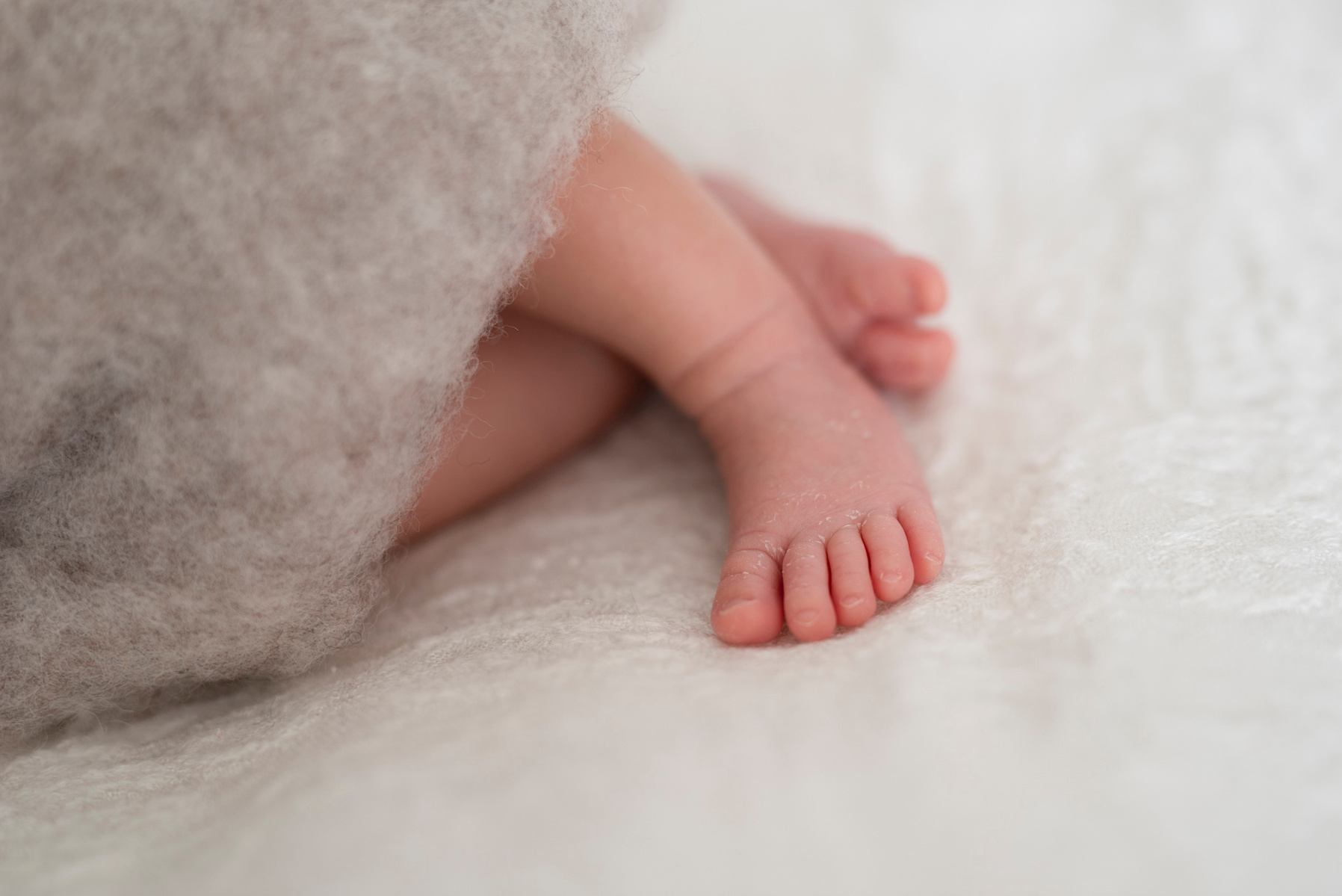 Close-up of newborn baby boy's feet and cute little toes, he was wrapped in felt sleeping on a white blanket, photographed by Helen Putsman, Geneva's leading family and newborn photographer.